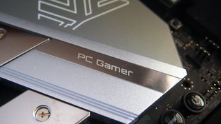 PC Gamer name atop the Asrock Z690 Aqua chipset heatsink