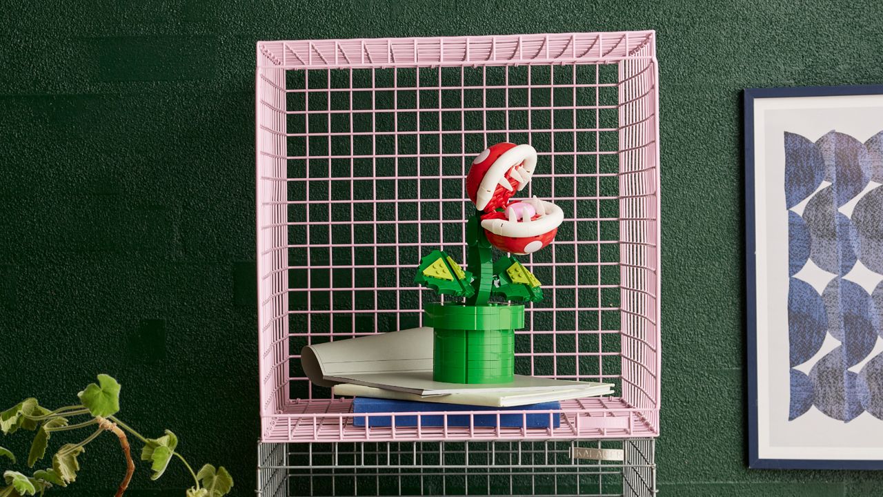 Lego Piranha Plant in a wire shelving unit