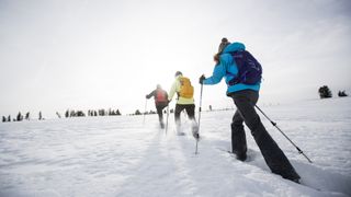 Three people snowshoeing uphill