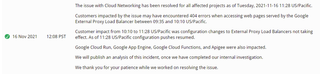 Google Cloud Networking Outage Restored 11 16