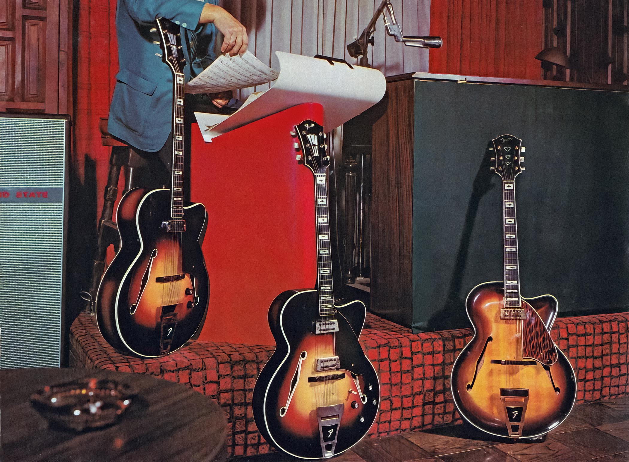 Three of Fender&#039;s short-lived, Gibson-like Montego and LTD jazz guitars