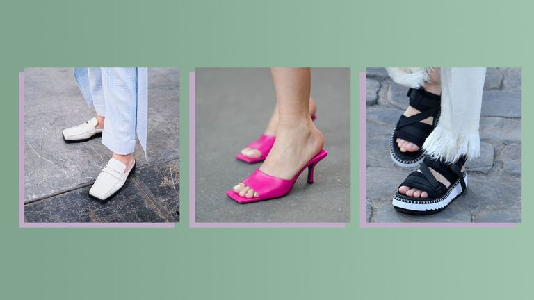 Models and influencers wearing shoe trends 2022 including sporty sandals, mules and square toe loafers