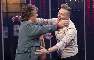 Come here! Agnes (Brendan O'Carroll) gives Westlife star Nicky Byrne a hug