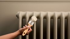 Image of an arm holding a paint brush that is painting a radiator and wall in the same matt, beige paint color.