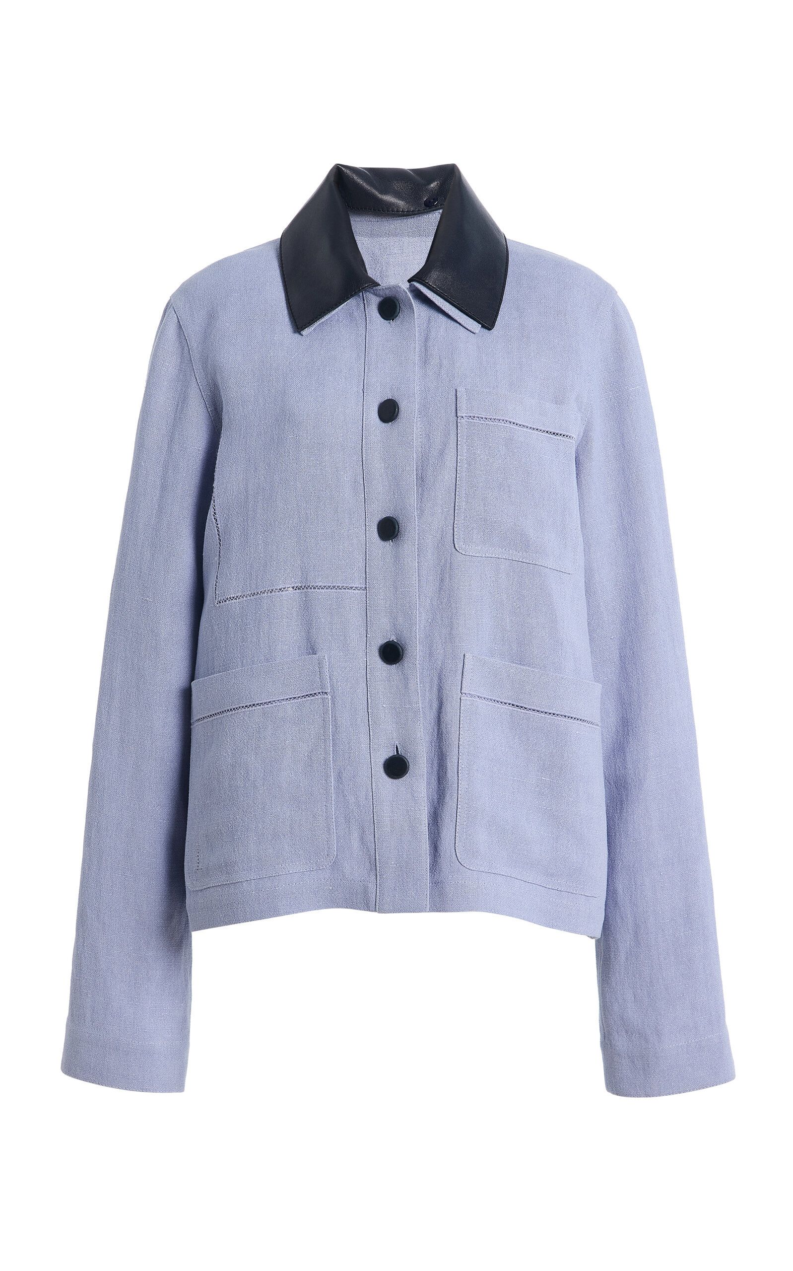 Leather-Trimmed Linen-Blend Jacket
