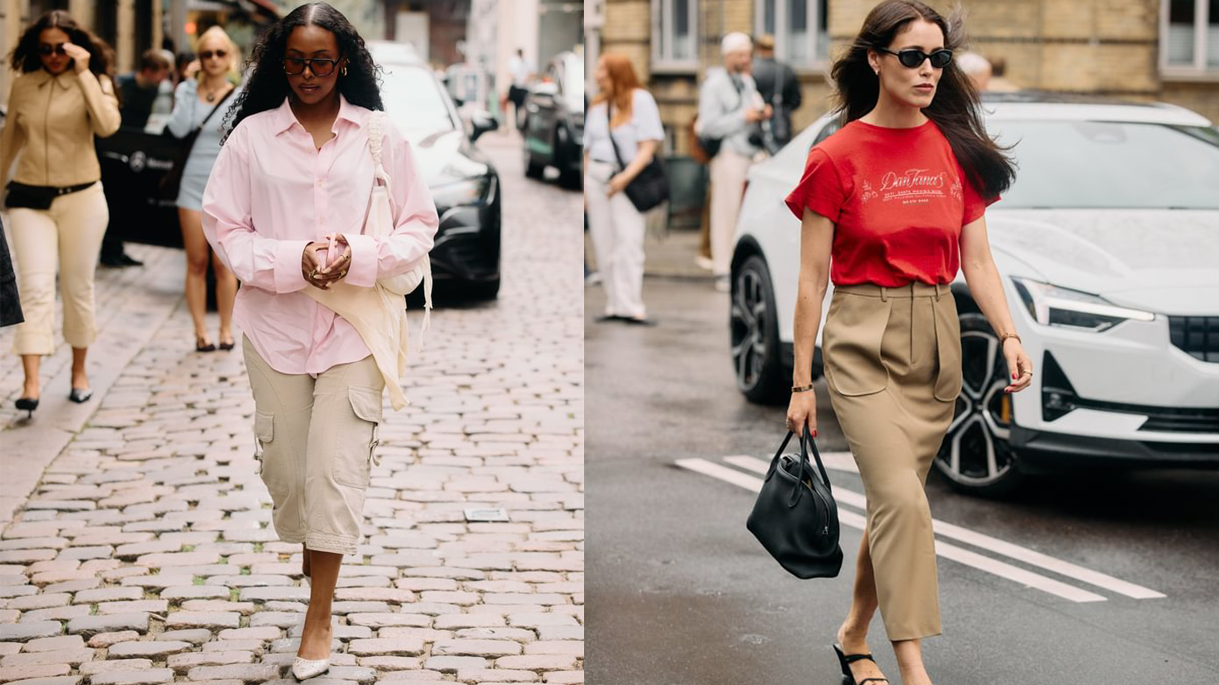 Two Copenhagen Fashion Week attendees in casual summer outfits. 