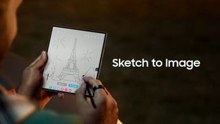 A Galaxy Z Fold 6 using Sketch to Image to draw the Eiffel Tower