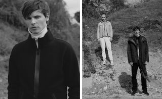 Two black and white images, Left- Male model wearing spring outerwear, Right-Two male models wearing trousers, jumpers and coats