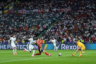 Mikel Oyarzabal of Spain scores his team's second goal as Jordan Pickford of England fails to a make a save during the UEFA EURO 2024 final match between Spain and England at Olympiastadion on July 14, 2024 in Berlin, Germany
