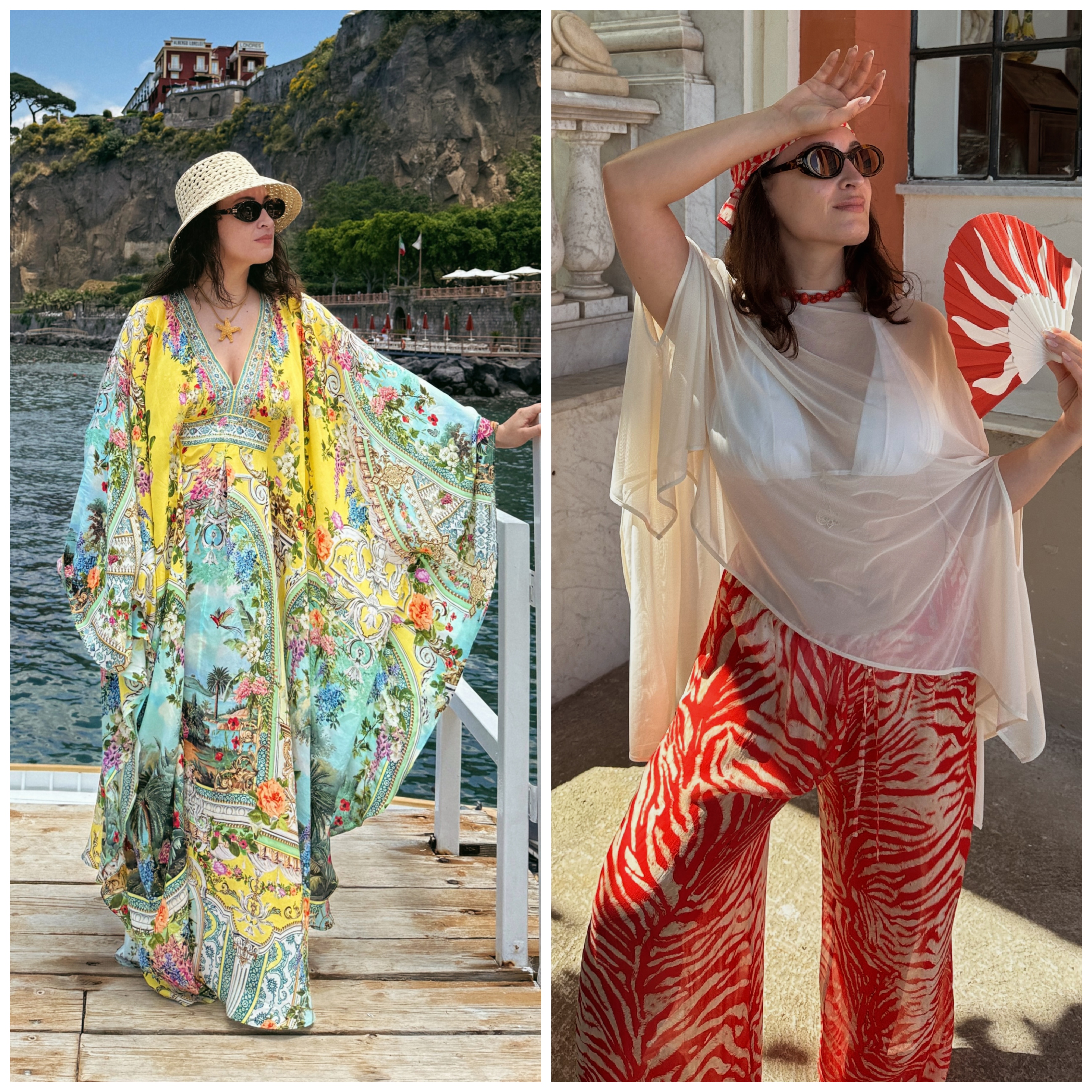  Bella Gerard wearing a blue kaftan, Bella Gerard wearing a white top and red pants