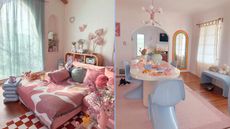 Two pictures of a pink apartment, one of a living room and one of a dining area