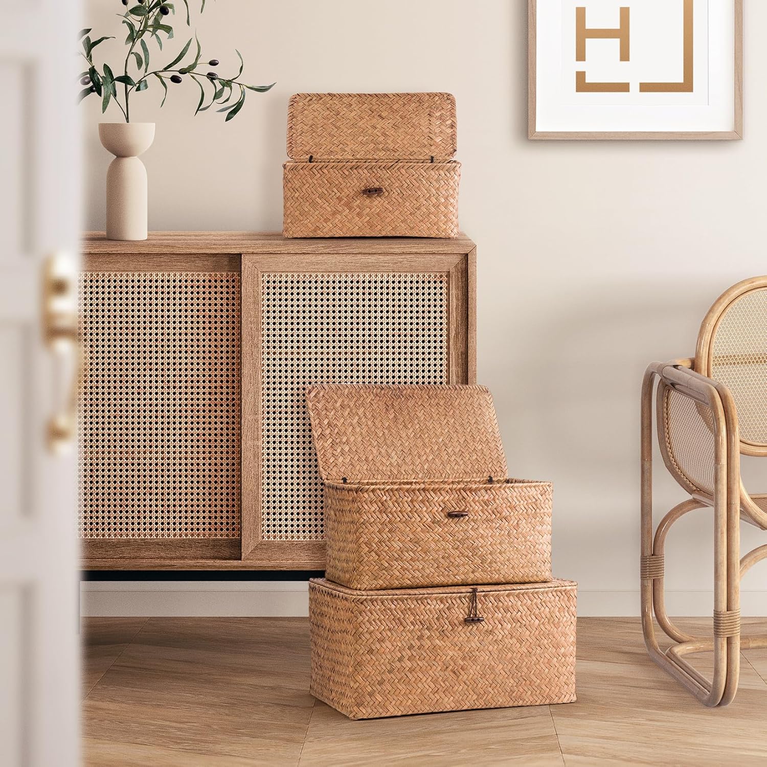 Woodluv Set of 3 Seagrass Storage Box With Lid, Lightweight Woven Basket for Shelves, Lidded Organiser Hamper Baskets, Brown