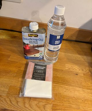 white spirits, lint-free cloths and worktop oil