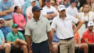 Tiger Woods and Justin Thomas during a practice round ahead of the 2023 Masters
