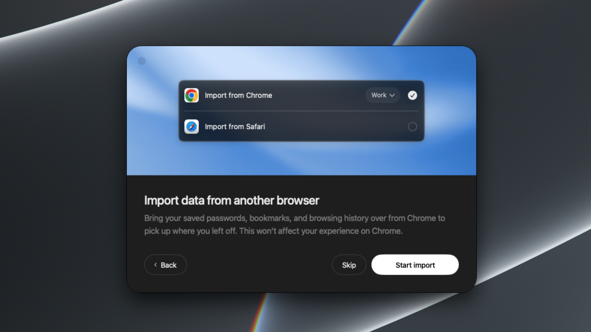 A screenshot showing how ChatGPT Atlas asks whether you want to import your browser data from Chrome or Safari during its setup process