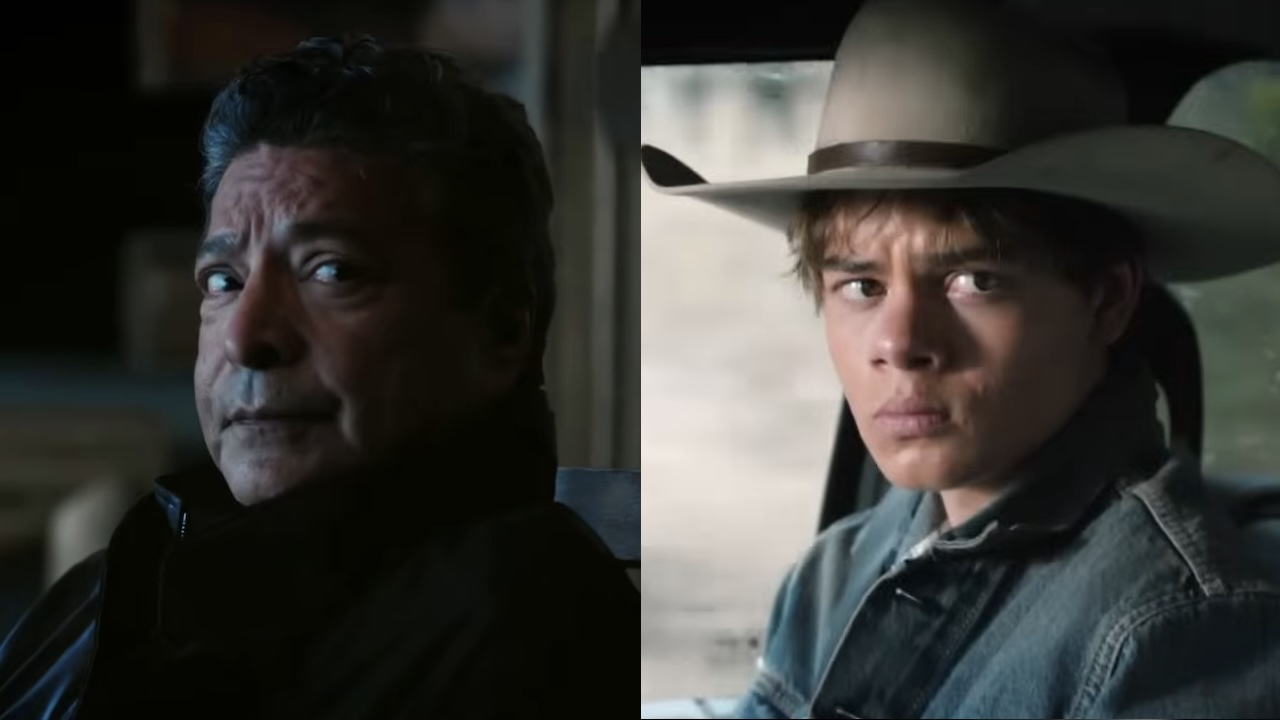 Side by side: Thomas Rainwater and Tate Dutton looking at Kayce in Y: Marshals Season 1