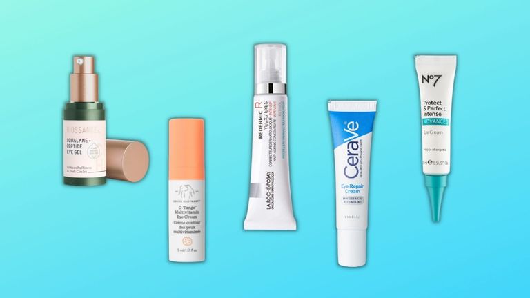 Best eye creams for wrinkles: graphic of products including La Roche-Posay, Drunk Elephant, and more