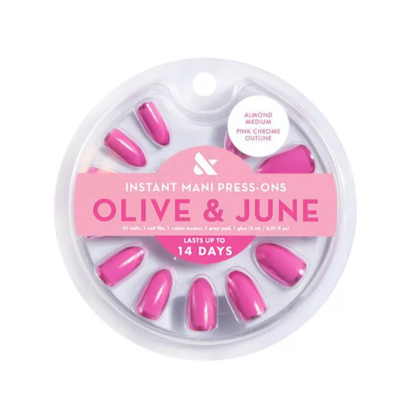 Olive & June Press-On Fake Nails - M Almond - Pink Chrome Outline - 42ct