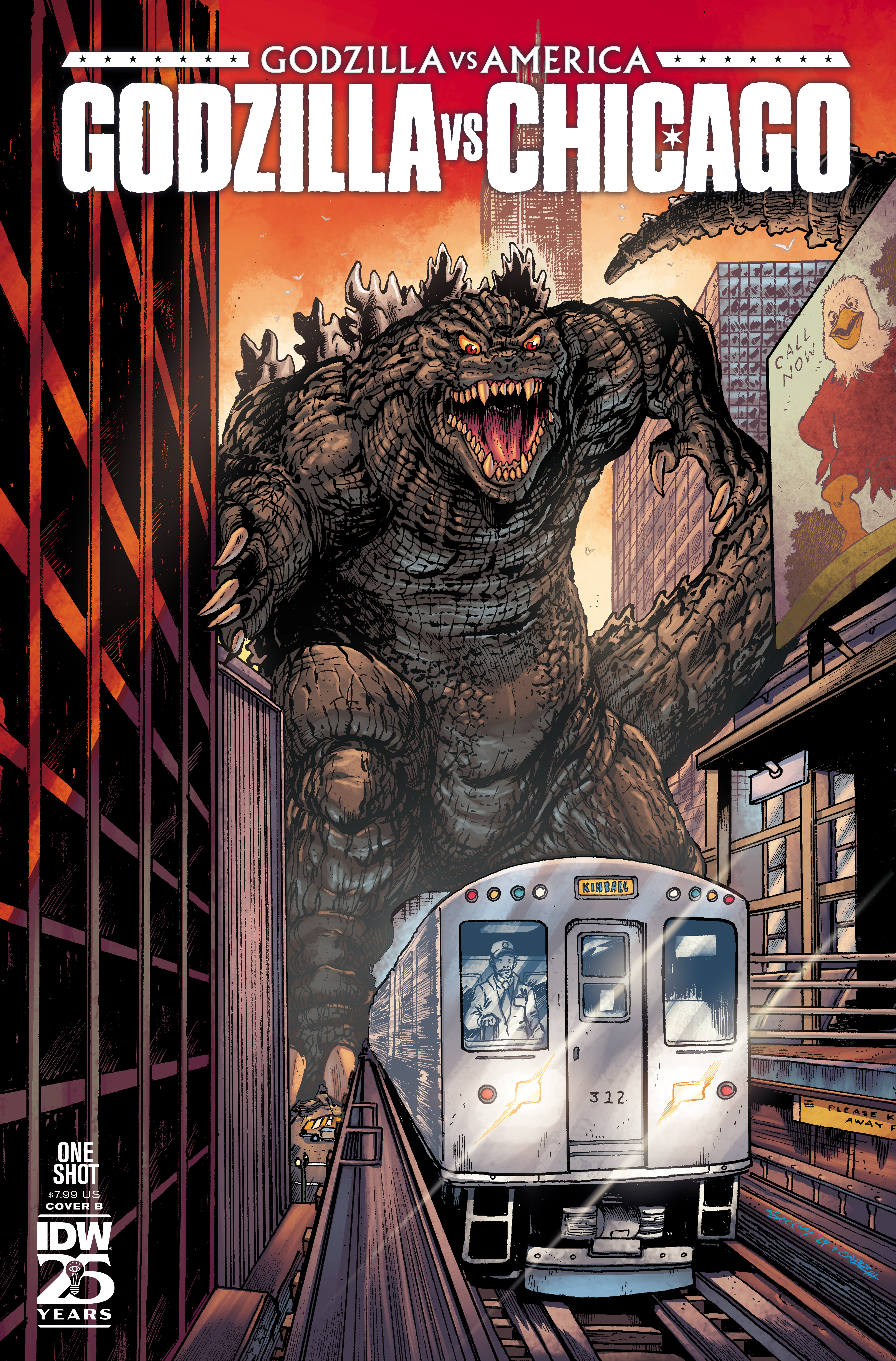 Godzilla stomps down the streets of Chicago on the Tim Seeley variant cover for Godzilla vs. America: Chicago #1.