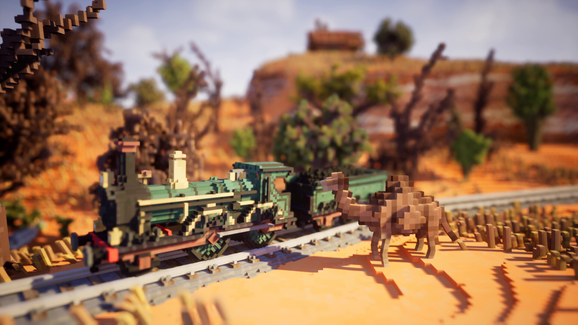 A train passing by a camel