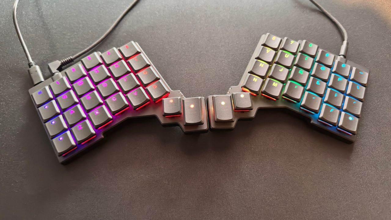 A photo of the ZSA Voyager ergonomic keyboard