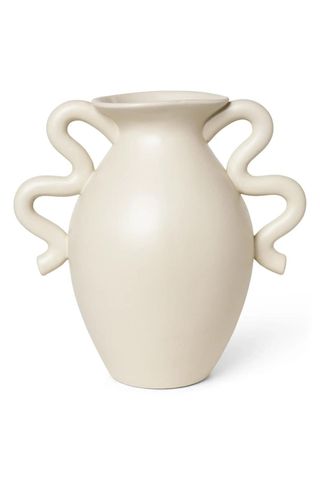 white vase with snake-like handles on either side