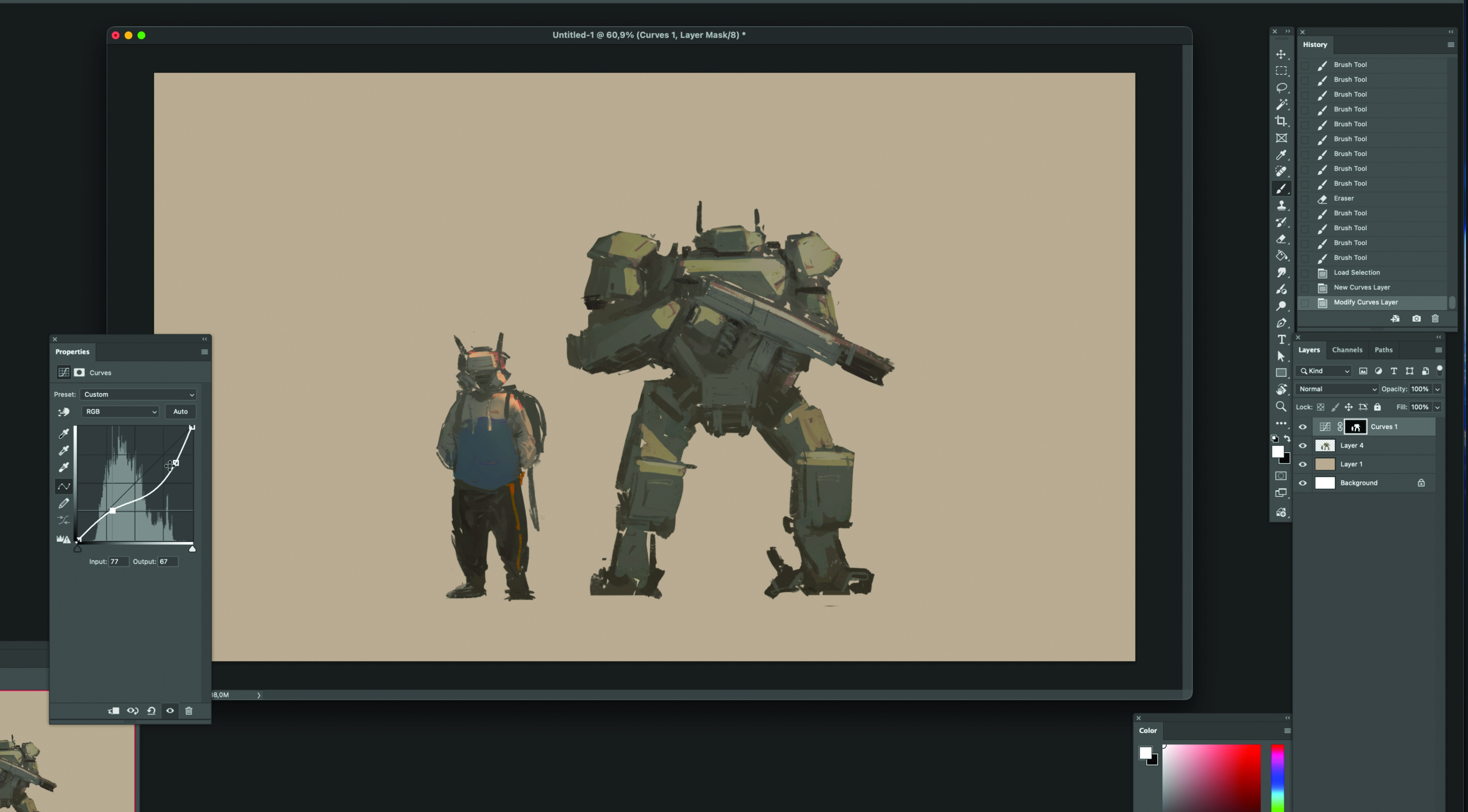 Part of the process of creating concept art with a robot character