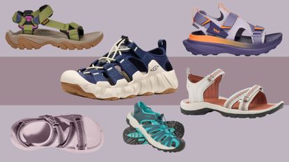 A selection of the best hiking sandals tried for 2026, including sandals from Teva, Hoka, and Keen