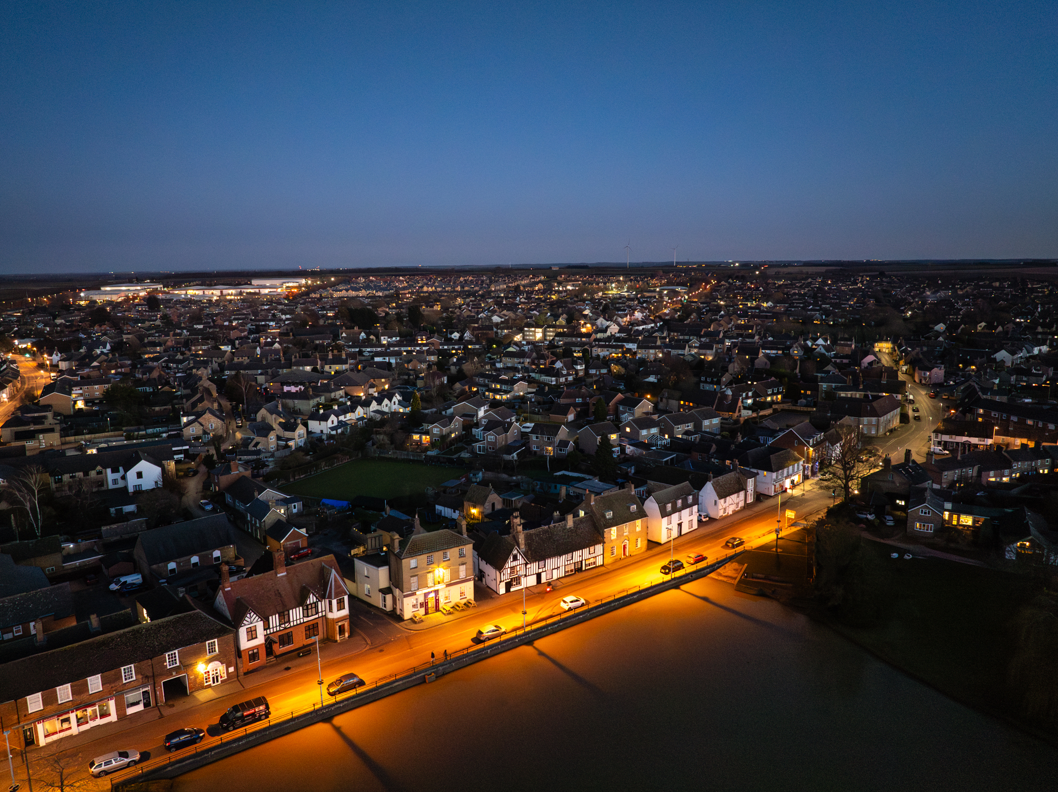 Night photo of a town taken at dusk