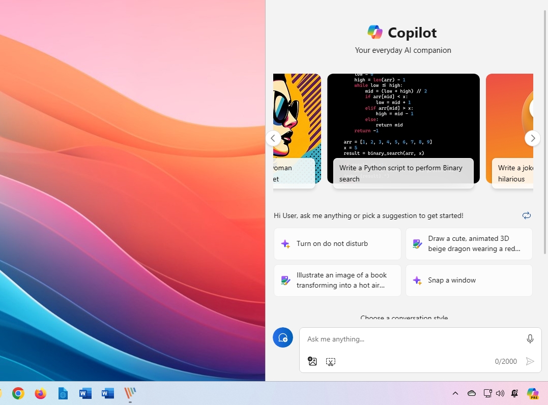Windows 11 Copilot panel