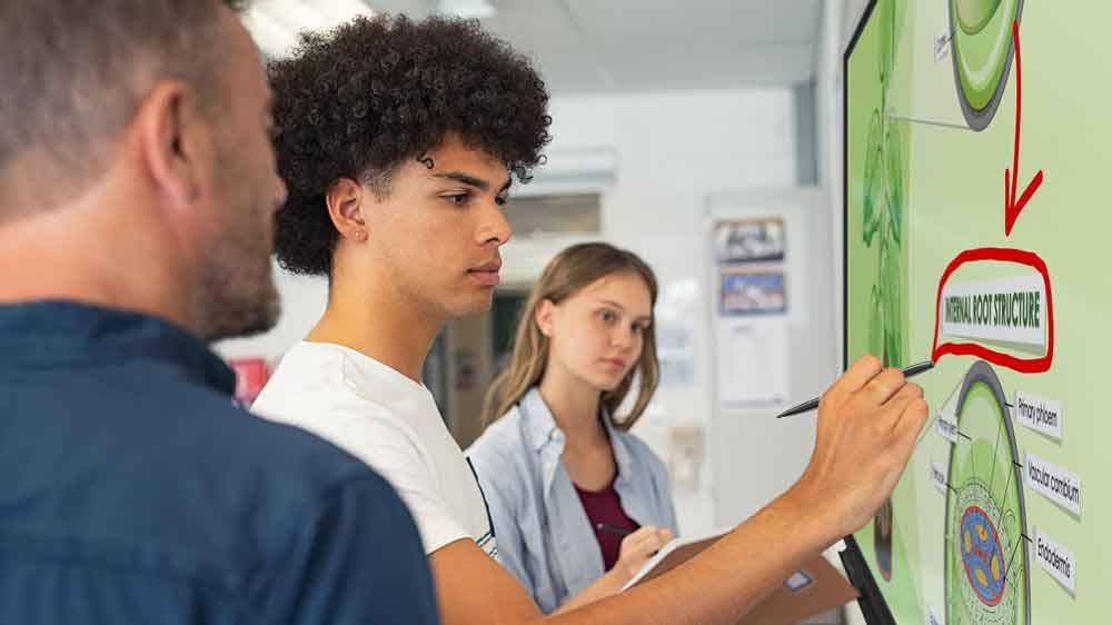 A student using an Optoma whiteboard in a collaborative educational setting. 