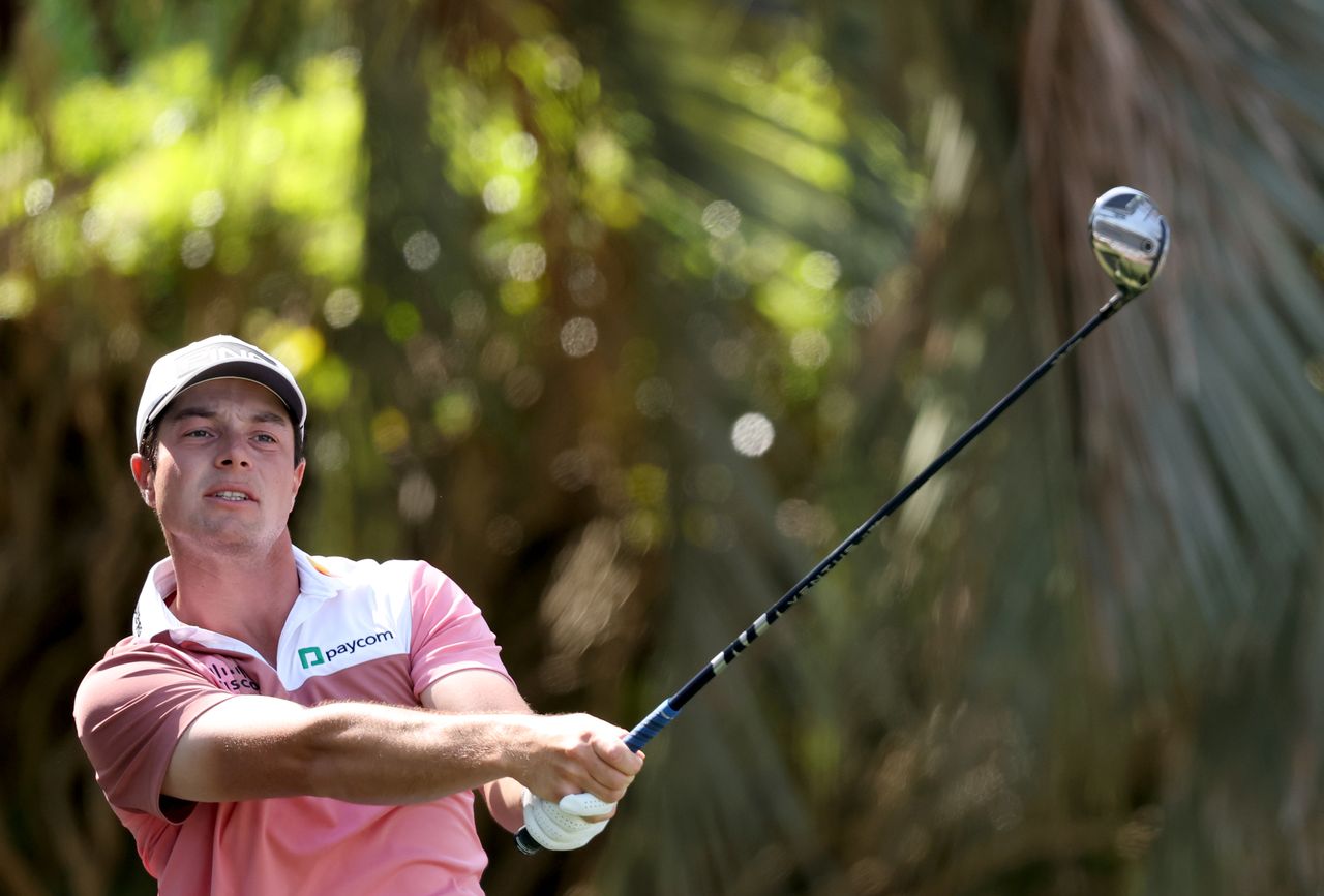Viktor Hovland plays his shot from the sixth tee during the first round of the RBC Heritage 2026 at Harbour Town Golf Links