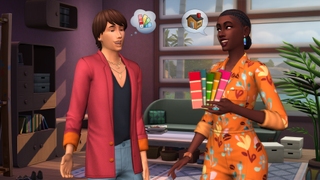 The Sims 4 cheats - two Sims discuss color palettes for decorating