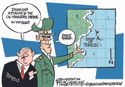 Political Cartoon U.S. Pompeo Iran Attack Gulf of Tonkin War