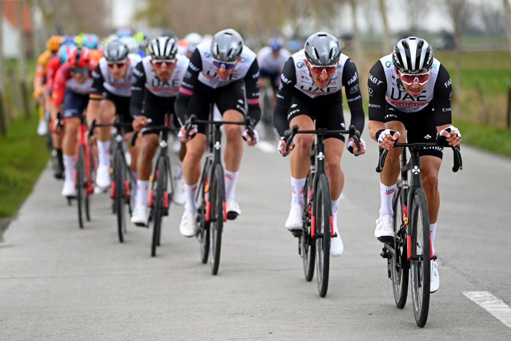 BREDENE BELGIUM MARCH 17 Ivo Oliveira of Portugal and UAE Team Emirates leads the peloton during the 21th Bredene Koksijde Classic 2023 a 1916km one day race from Bredene to Koksijde on March 17 2023 in Koksijde Belgium Photo by Luc ClaessenGetty Images