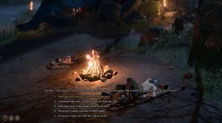 Baldur's Gate campfire scene with dialogue options for the dark urge to think about their race, class, and other background details