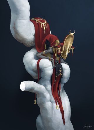 Making Remnant 2; a demon in a red robe sits on a white fleshy throne