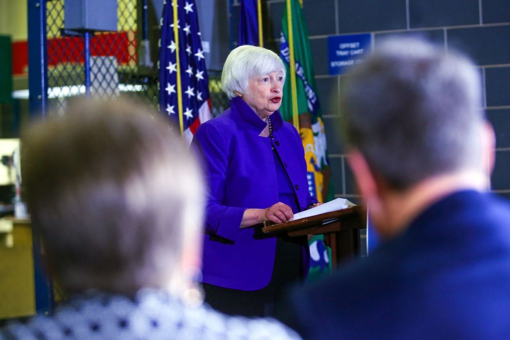 US Treasury Secretary Janet Yellen =speaking at podium