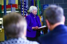 US Treasury Secretary Janet Yellen =speaking at podium