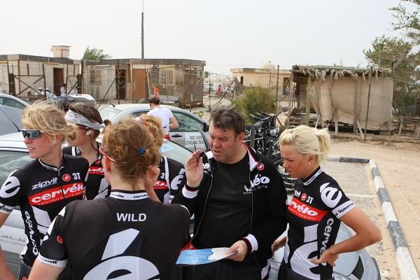The Cervelo Test Team plan their day. Directeur Sportif, Egon Van Kessel explains the shortened course