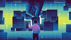 Illustration of mathematician in pink shirt writing on a fragment of a chalkboard while AI hand places piece in the middle