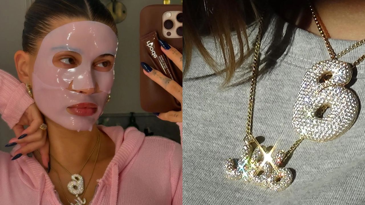 Two selfies of Hailey Bieber looking in a mirror, one wearing a pink face mask and another wearing two diamond necklaces and a sweater