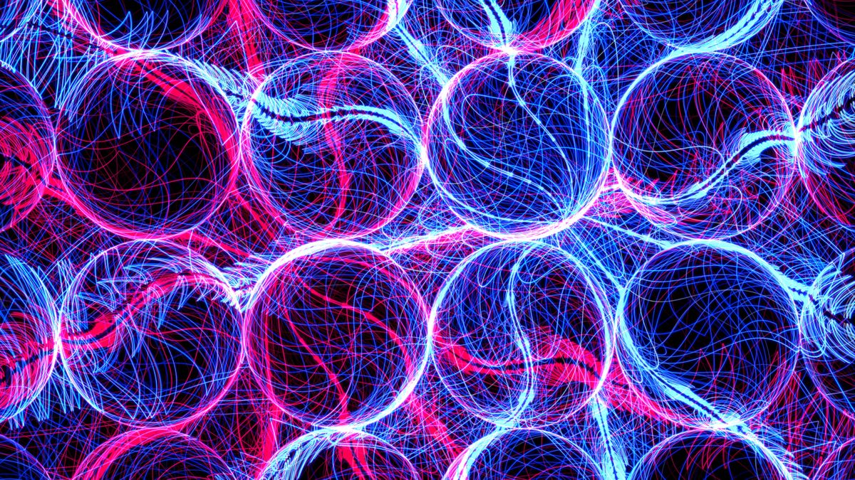 3d rendered illustration of atoms with blue and red lines.