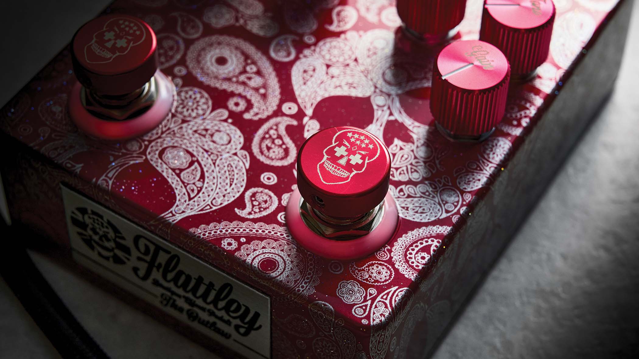 Flattley The Outlaw &amp;ndash; the red-pink boost/drive twofer is decorated in Mexican Day of the Dead inspired graphics