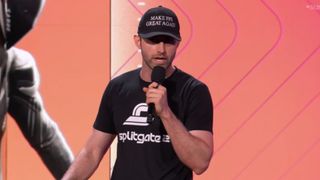 Ian Proulx takes the stage at Summer Game Fest with a hat reading "MAKE FPS GREAT AGAIN"