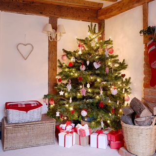room with cane basket and christmas tree