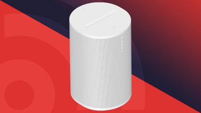 The Sonos Era 100 AirPlay speaker on a red background with the TechRadar logo