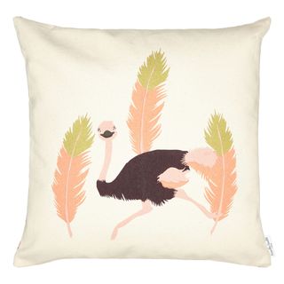 flamingo square cushion with tail feather white background