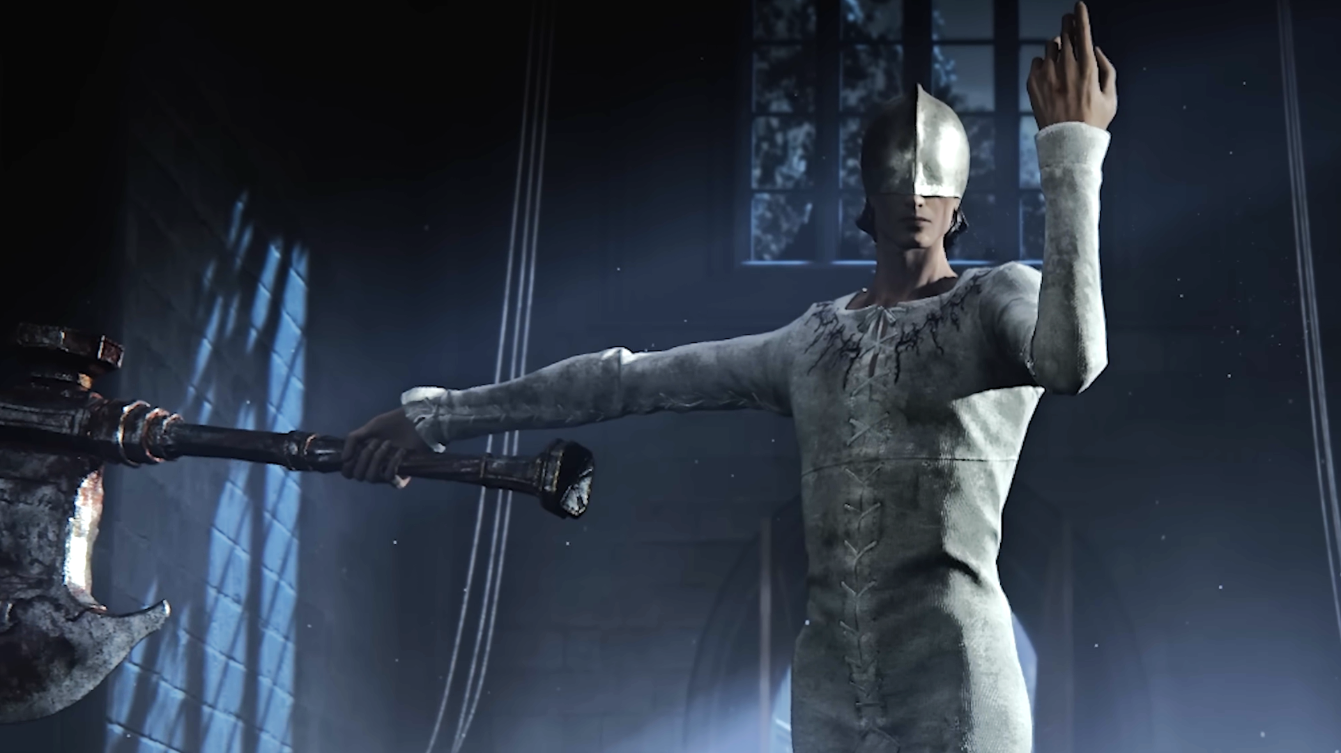 Duskbloods guy in pajamas with helmet holding one hand up, the other out holding axe
