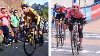 Primoz Roglic during the stage 20 time trial of the 2023 Giro d'Italia and Alison Jackson sprinting to victory at Paris-Roubaix Femmes